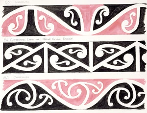 Godber, Albert Percy, 1876-1949 :[Drawings of Maori rafter patterns]. 83. Ohinemutu; 84. Centennial Exhibition. Native School Exhibit; 85. Ohinemutu. [1939-1947].