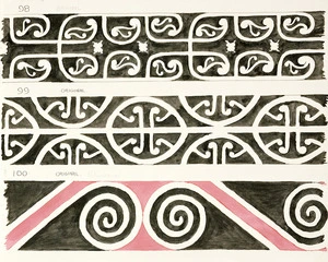 Godber, Albert Percy, 1876-1949 :[Drawings of Maori rafter patterns]. 98. Original. 99. Original. 100. Original. Rukumoana. [1939-1947].