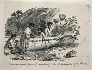 Taylor, Richard, 1805-1873 :Maoris preparing a canoe for sea. [1855]