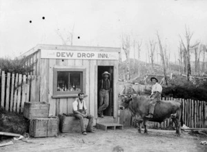 Dew Drop Inn and men alongside, Douglas Saddle, Taranaki