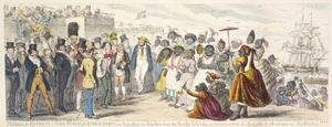 Cruikshank, George, 1792-1878 :Probable effects of over female emigration, or importing the fair sex from the Savage Islands in consequence of exporting all our own to Australia / designed & etched by George Cruikshank. [London; Bogue, 1851]