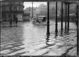 Flooding, corner of Lambton Quay and Ballance Street, Wellington