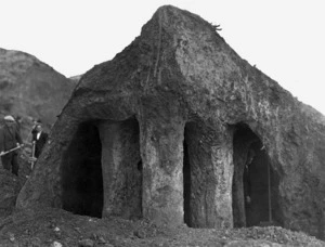 Photograph of a cave made for shelter by men working on the Korokoro Road