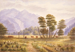Muntz, Charles Adolphus 1834-1908 :[Cattle grazing on a river plain, mountains beyond, Nelson Region. ca 1870].