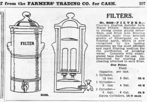 Farmers Trading Co. Ltd :Filters. No B888. Chevin's English Saludor safe water filters. [1925].