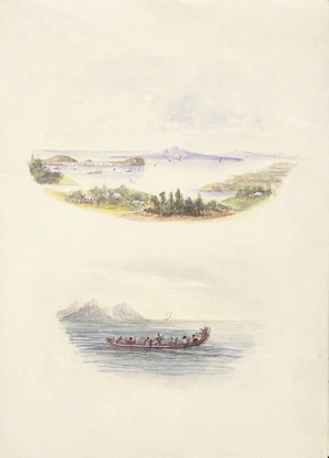Outhwaite, Anne Jane Louisa (Isa), 1842-1925 :[Auckland Harbour; and, Maori canoe. Two scenes on card. 1910].