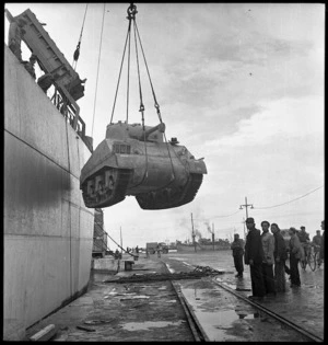 New Zealand, Sherman tank, being unloaded in Bari, Italy, during World War 2