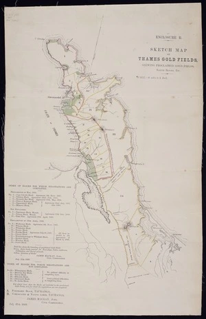 Sketch map of Thames gold fields, shewing proclaimed gold fields, native blocks etc. / James MacKay junr., Civil Commissioner.