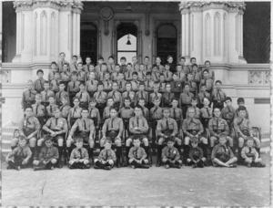 Boys of Croydon Preparatory School posing on the steps of the General Assembly Library, Wellington