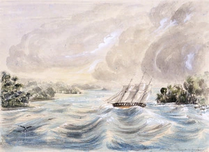 Bent, Thomas, 1833?-1887 :H.M.S. Iris entering Bell's Harbour, Woodlark [Island. 1858?].
