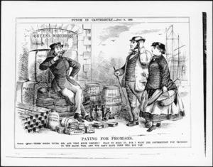 Cartoonist unknown :Paying for promises. Punch in Canterbury, 8 July 1865.