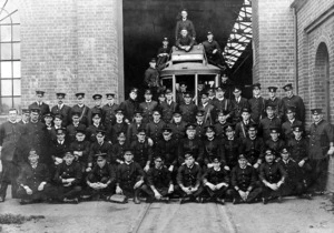 Weinberg, W E M : Staff outside a tram barn in Newtown, Wellington