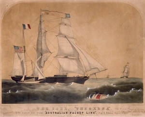 De Latour, Capt T :The bark Theoxena. 3rd ship of the Australian Packet Line... Capt T. de Latour, del. on stone by J. Cameron. New York, C. Currier [ca. 1853]