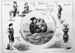 Photograph of a page from the New Zealand Graphic & Ladies Journal titled Sketches at a Ladies Swimming Contest