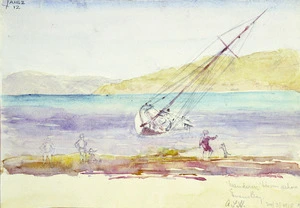 Haylock, Arthur Lagden 1860-1948 :"Wanderer" blown ashore Evans Bay. 24/3/1918