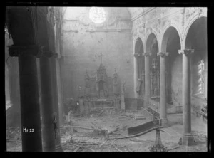 Interior of a damaged church in Solesmes, France, World War I