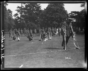 Wounded World War I soldiers on crutches at Walton-on-Thames Hospital, England