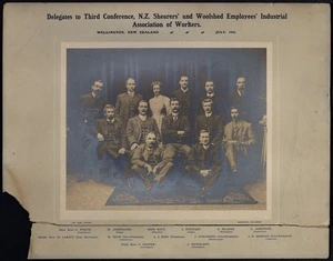 Group photograph of delegates at Third Conference, New Zealand Shearers' and Woolshed Employees' Industrial Association of Workers, Wellington, New Zealand, July 1911 - Photograph taken by Zak Studios