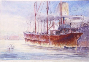 Haylock, Arthur Lagden 1860-1948 :[Coal hulk and New Zealand Shipping Co. ship, Wellington harbour ca 1920]