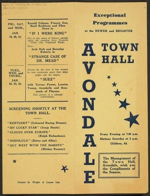 Avondale Town Hall. Exceptional programmes at the newer brighter Avondale Town Hall. Printed by Wright & Jaques Ltd [Auckland. Programme card for 22 December 1939 - 25 January 1940].