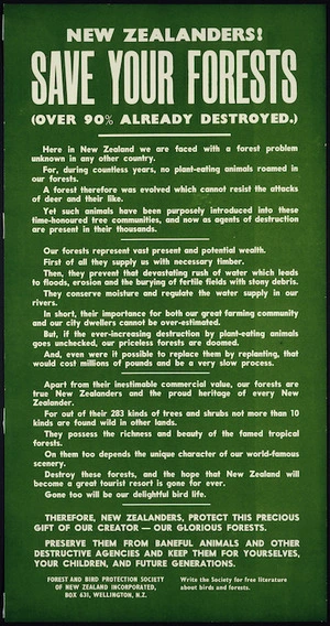 Forest and Bird Protection Society of New Zealand Incorporated: New Zealanders! Save your forests (over 90% already destroyed). [1929? Green version].