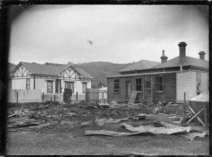 View of the remains of the Temperance Hall, Petone, destroyed by fire.