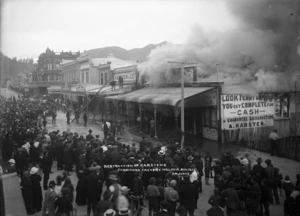 Scene during the fire at Karsten's furniture factory, Bridge Street, Nelson