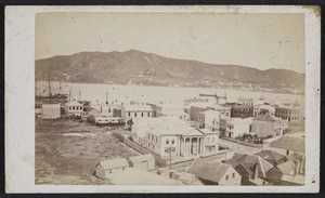 Wrigglesworth, J D (Wellington) fl 1863-1900 :Photograph of Wellington looking over reclaimed land and showing Oddfellow's Hall and part of Queen's Wharf
