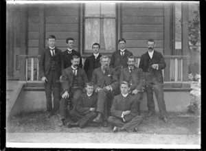 Petone Railway Workshops. Office staff with the Locomotive Engineer, Thomas Alexander Peterkin seated in the centre, ca 1902.