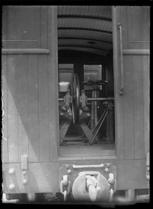 Interior of the Fell van (the guard's van for the train which used the Fell engine on the Rimutaka Incline), showing the hand and central rail grip brakes.