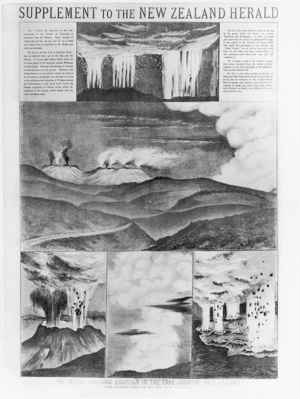 Page from a supplement to the New Zealand Herald newspaper, featuring sketches of Mount Tarawera by E W Payton
