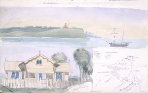 Lighthouse on Shortland Bluff, Port Phillip; emigrants' cottage, Port Phillip; Port Phillip