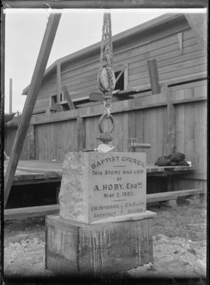 View of the Foundation Stone for the Petone Baptist Church, laid 2nd May 1903.