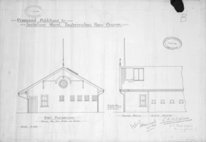 Hornibrook, G. W :Proposed plan of additions. Isolation ward, Tauherenikau Race Course. End elevation. Proposed addition. Office of Director of Camp and Barrack Construction. 15 June 1916. [Drawn by] G. W. Hornibrook. A. O. Brett, R. Q. M..S., Foreman of Works. Scale 1/4 inch.