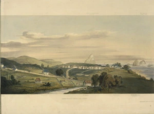 Wicksteed, Emma Ancilla 1811?-1869 :The town of New Plymouth, in the year 1843. (From a sketch taken by Mrs Wicksteed, from the residence of John Tylston Wicksteed, Esq.r, the Company's Agent, on Mount Eliot). [Right section] Pare Tutu or Sugarloaf Peak 500 feet high. Day & Haghe. London, Smith, Elder [1845]