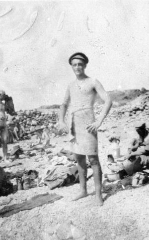 Soldier wearing only a cap and a towel, Gallipoli, Turkey