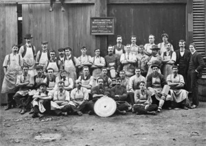 Group portrait showing the men of Wellington Woodware Co Ltd, wholesale chair and couch frame makers