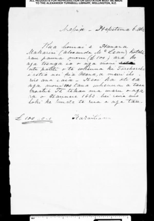 Letter from Karaitiana to Alexander McLean