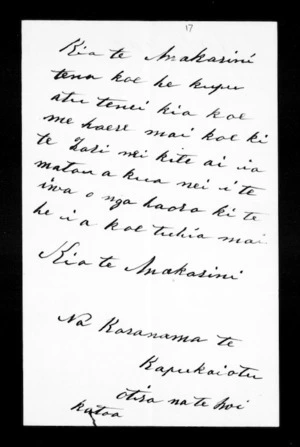 Undated letter from Karanama Te Kapukaiotu to McLean