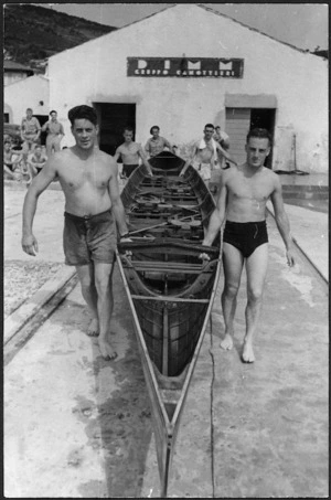 New Zealand World War 2 soldiers taking a scull out to Trieste Harbour, Italy, after V-E day
