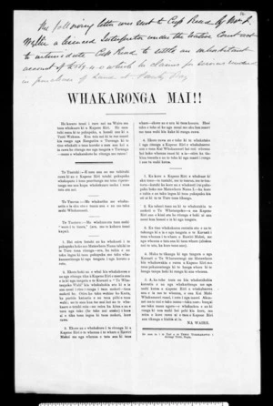 Printed letter `Whakaronga mai'