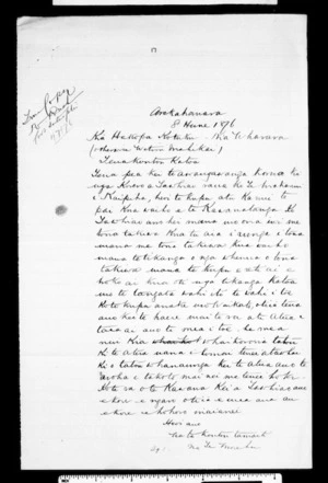 Letter from Te Morehu to Hakopa Kotuku (with translation)