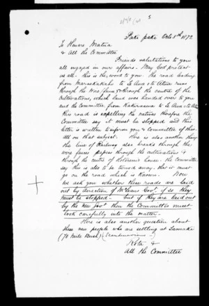 Letter from Hohepa Te Ringanoho, Rota, Hotereni and all committee to Henare Matua (translation)