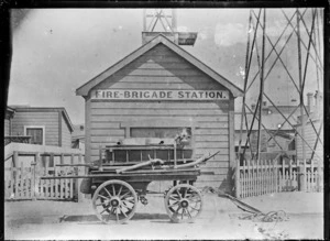 The Petone Fire-Brigade Station with hand engine in front, in 1892