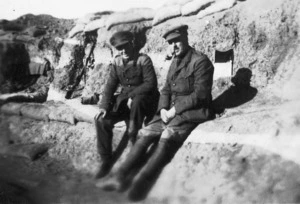 Two soldiers seated on sandbags, Gallipoli, Turkey
