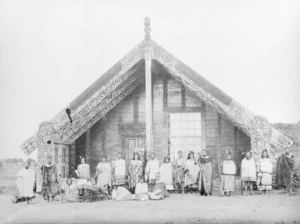 Maori group outside Tamatekapua Meeting House, Tamatekapua Marae, Ohinemutu, Rotorua