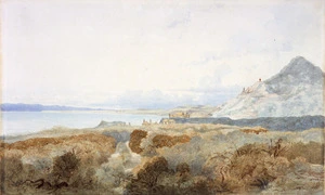 Brees, Samuel Charles, 1810-1865 :Palliser Bay, Wairarapa, &c [with dwelling and figures. ca 1843].