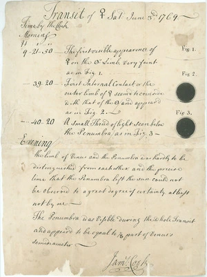 Facsimile copy of James Cook's description of the transit of Venus