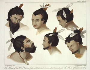 Parkinson, Sydney, 1745-1771 :The heads of six men natives of New Zealand, ornamented according to the mode of that country. S. Parkinson del. T Chambers sculp. London, 1784. Plate XXIII.