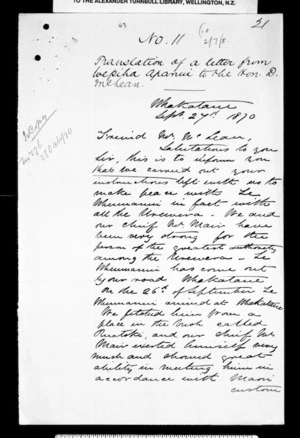 Letter from Wepiha Apanui to McLean (with translation)